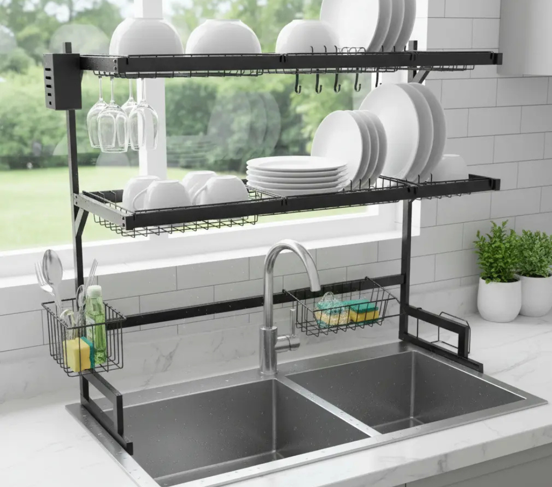 Over Sink Dish Drying Rack 2-Tier Kitchen Organizer Shelves Metal