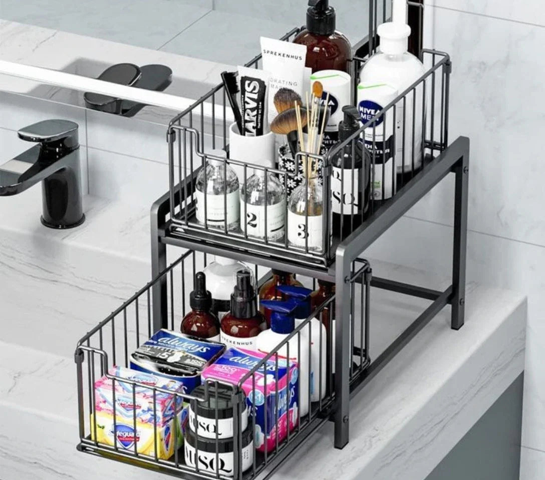 Under Sink Organizer 2-Tier Sliding Storage Shelves Metal Rack