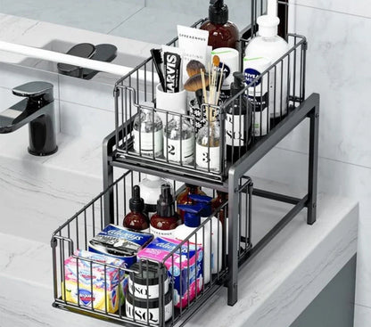 Under Sink Organizer 2-Tier Sliding Storage Shelves Metal Rack