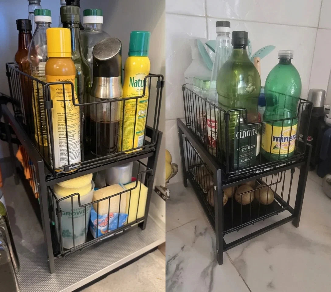 Under Sink Organizer 2-Tier Sliding Storage Shelves Metal Rack