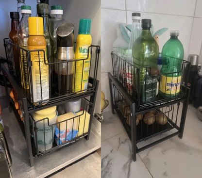 Under Sink Organizer 2-Tier Sliding Storage Shelves Metal Rack