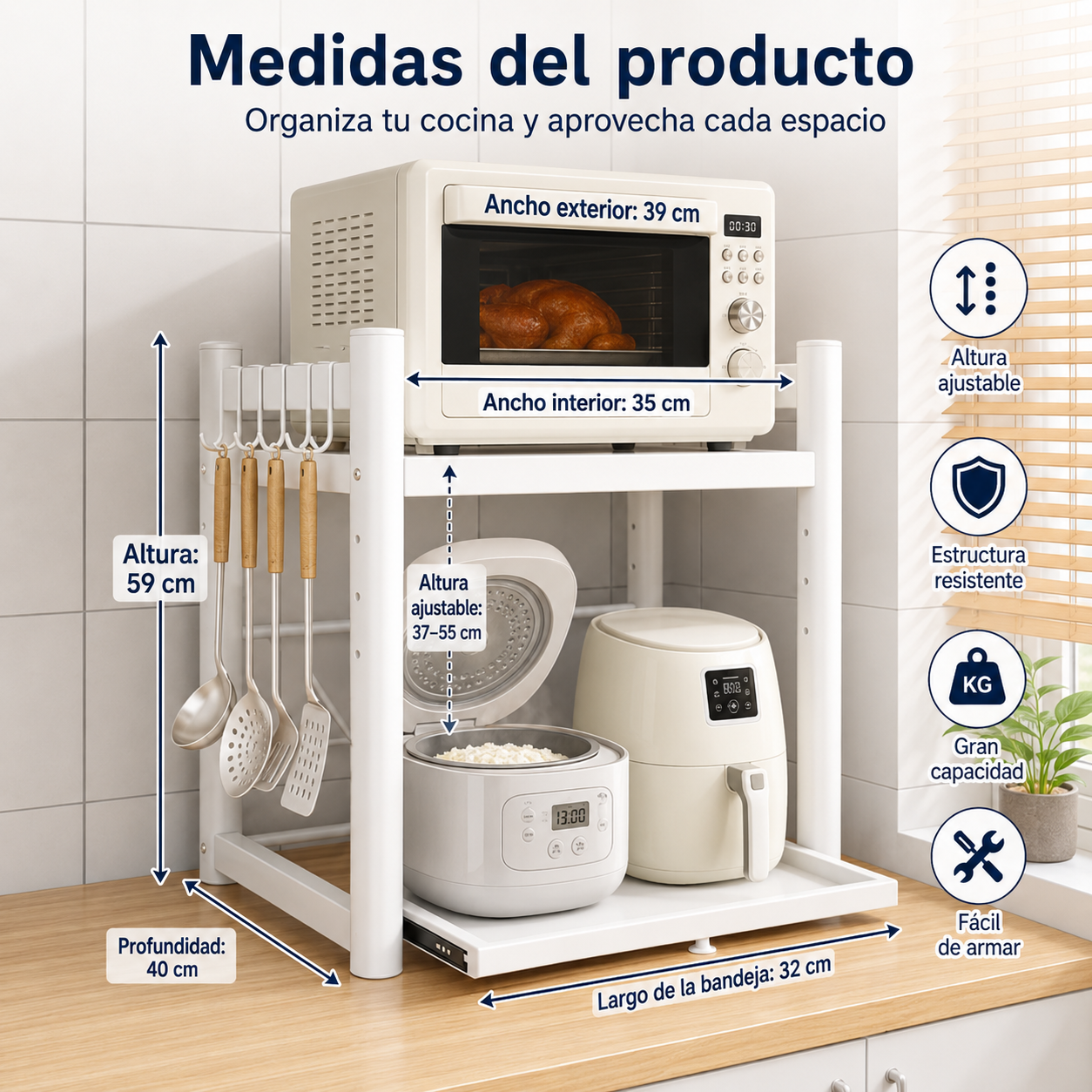 Adjustable Microwave Shelf Organizer Countertop Storage Rack with Sliding Tray