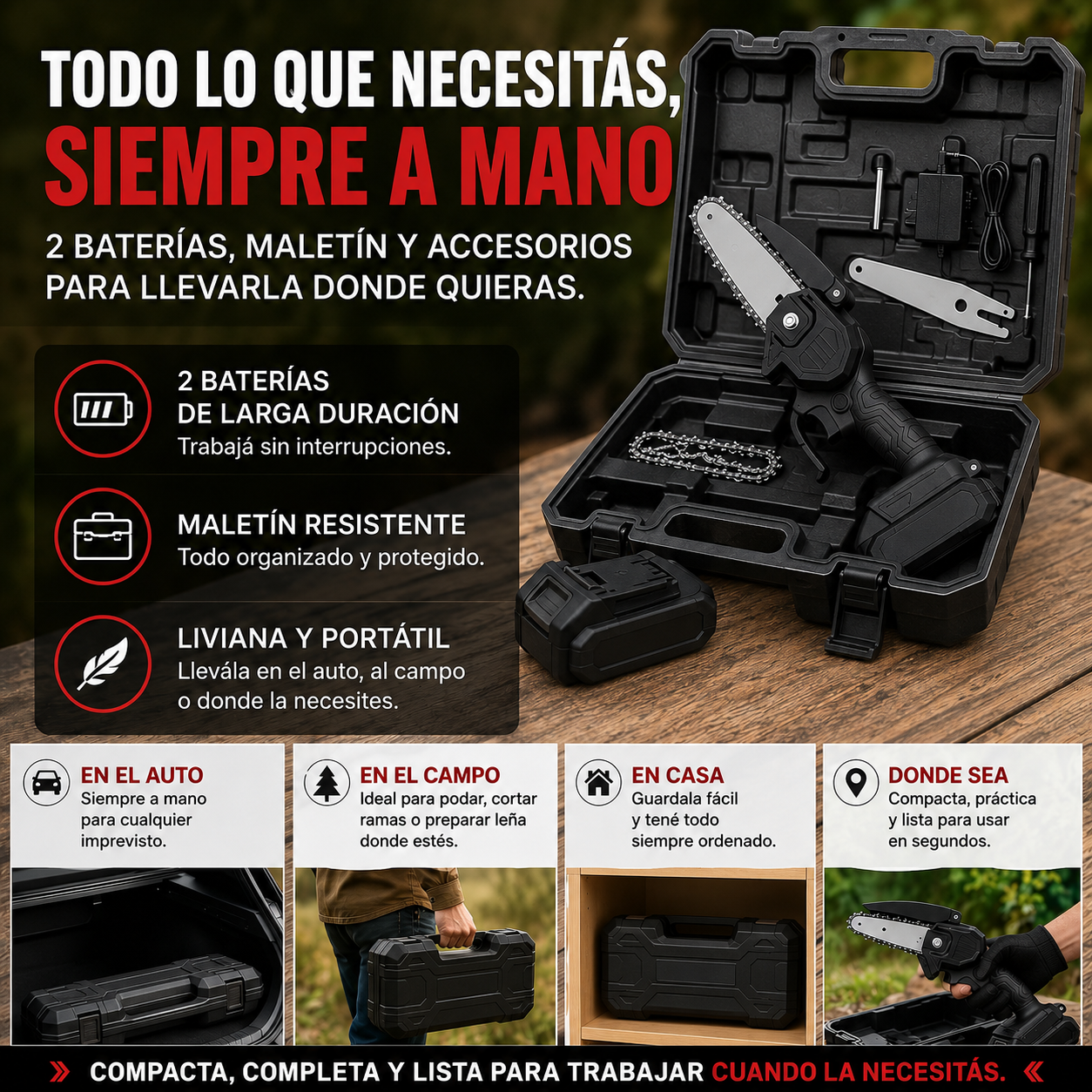 Motosierra Portátil Inalámbrica Batería Recargable con Maletín