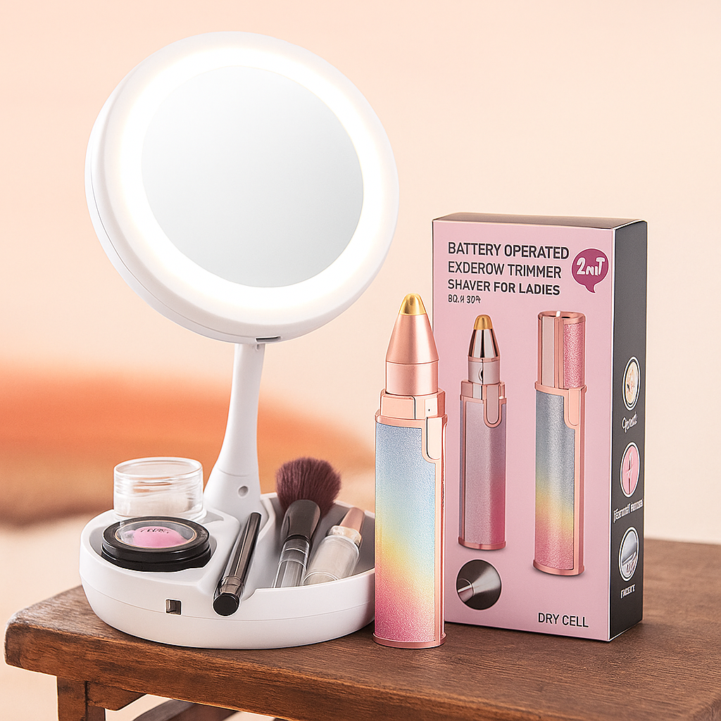 Bigan Facial Hair Remover Set with LED Light Mirror 2-in-1