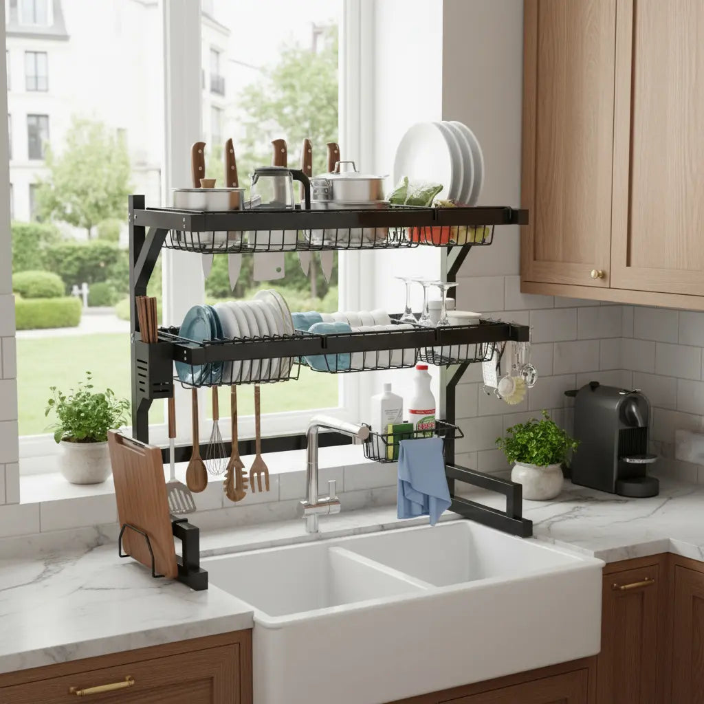 Over Sink Dish Drying Rack 2-Tier Kitchen Organizer Shelves Metal