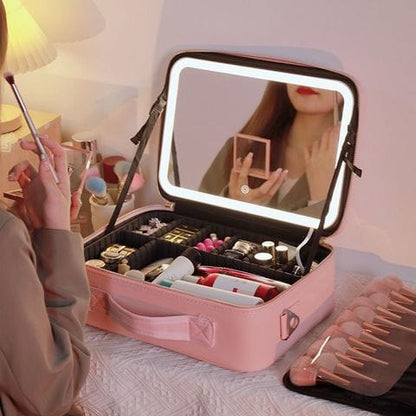Professional Makeup Case with LED Light Mirror Organizer