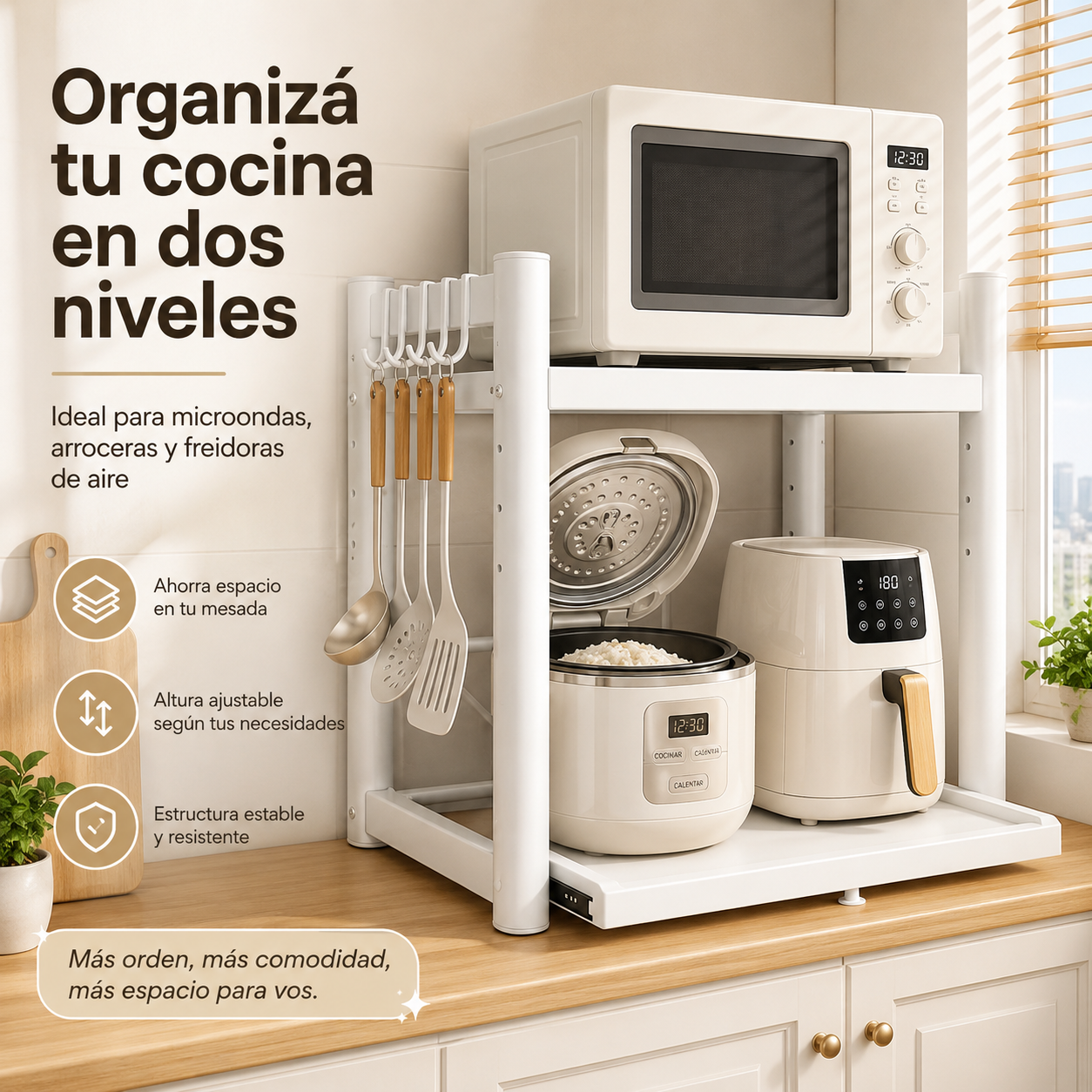 Adjustable Microwave Shelf Organizer Countertop Storage Rack with Sliding Tray