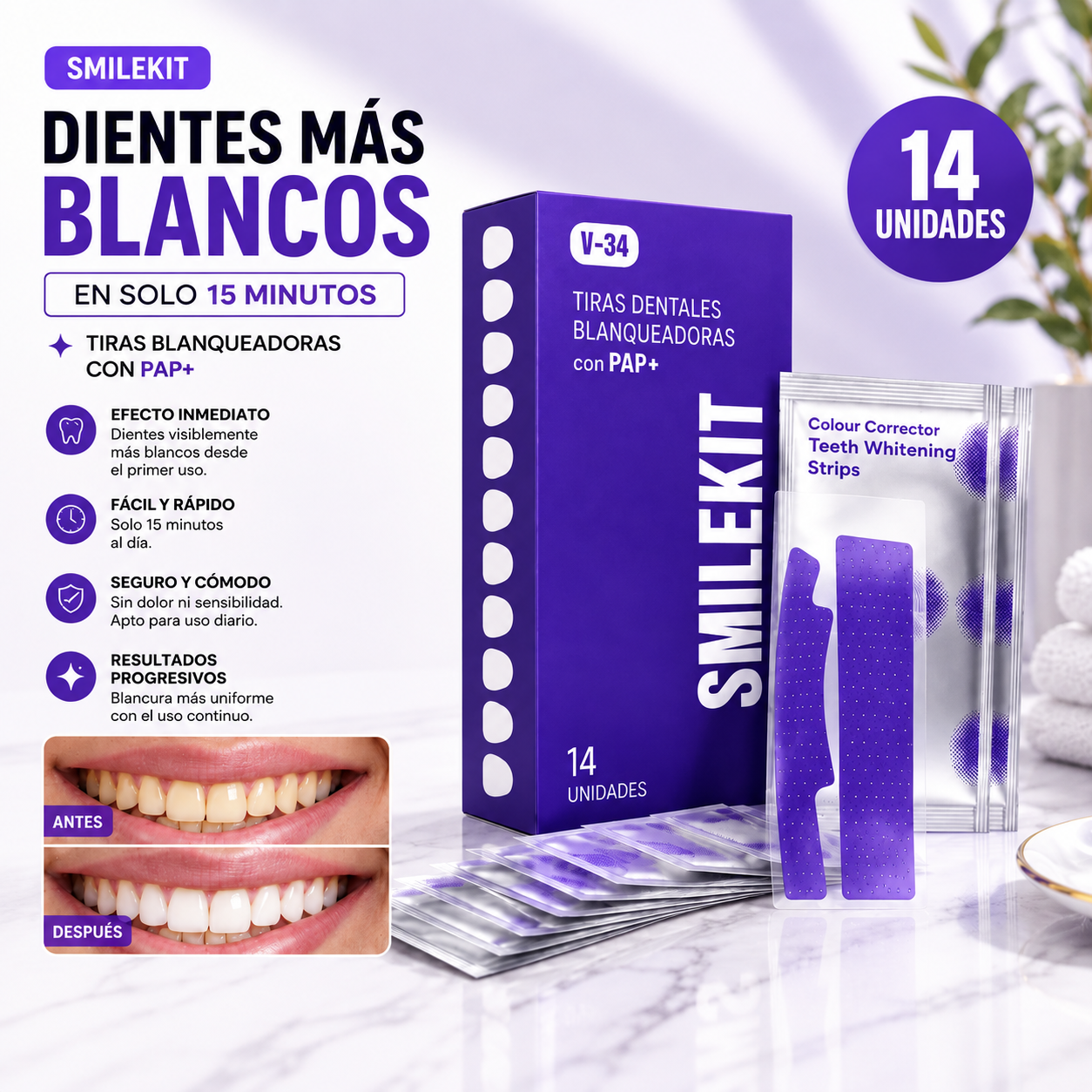 SMILEKIT Tiras Blanqueadoras Dentales Moradas Correctoras 14 Unidades