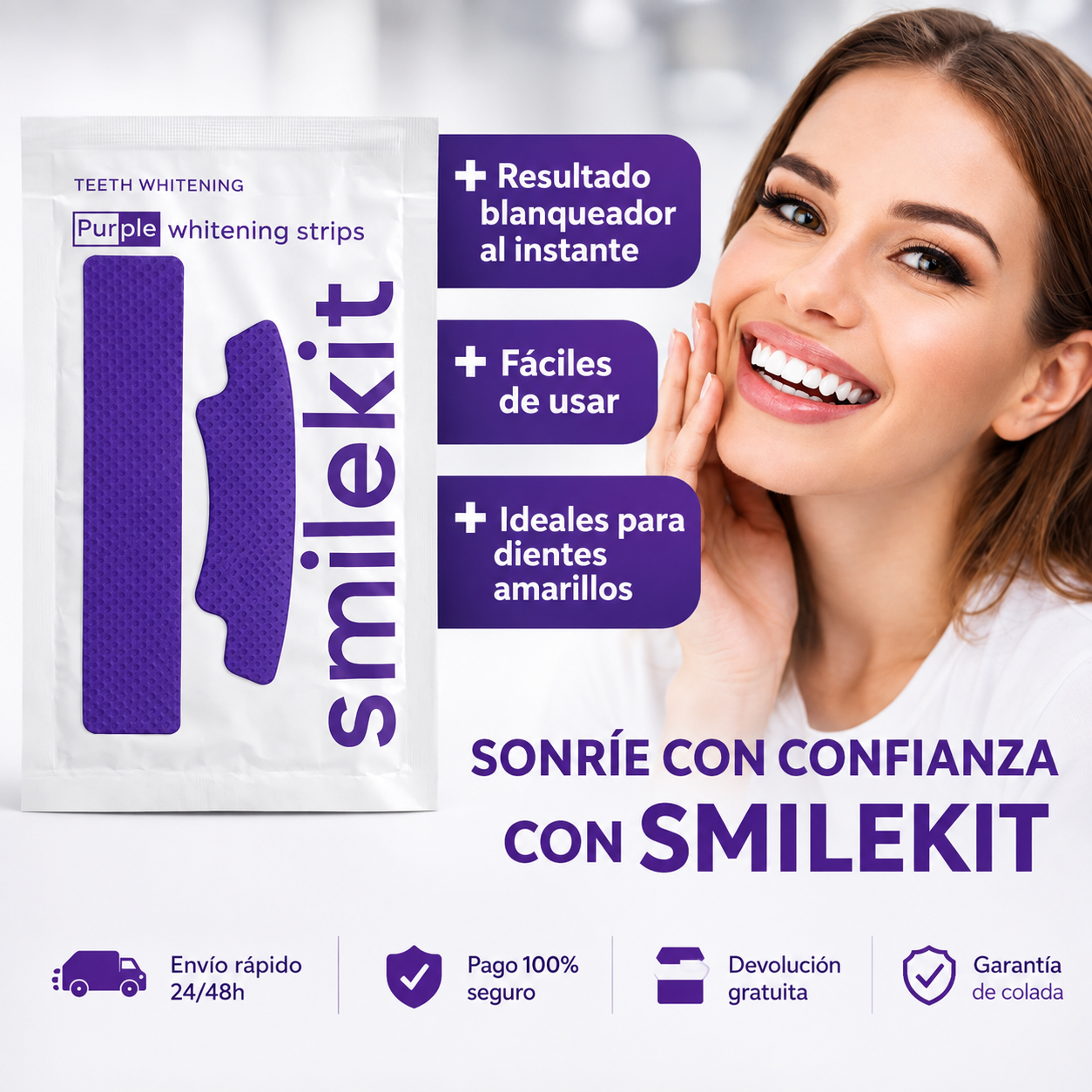 SMILEKIT Tiras Blanqueadoras Dentales Moradas Correctoras 14 Unidades