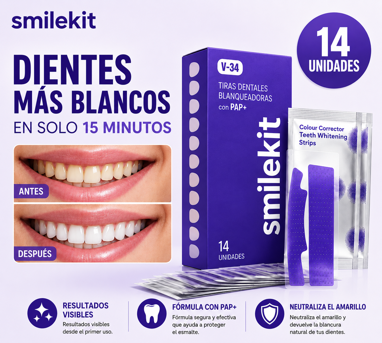 SMILEKIT Tiras Blanqueadoras Dentales Moradas Correctoras 14 Unidades