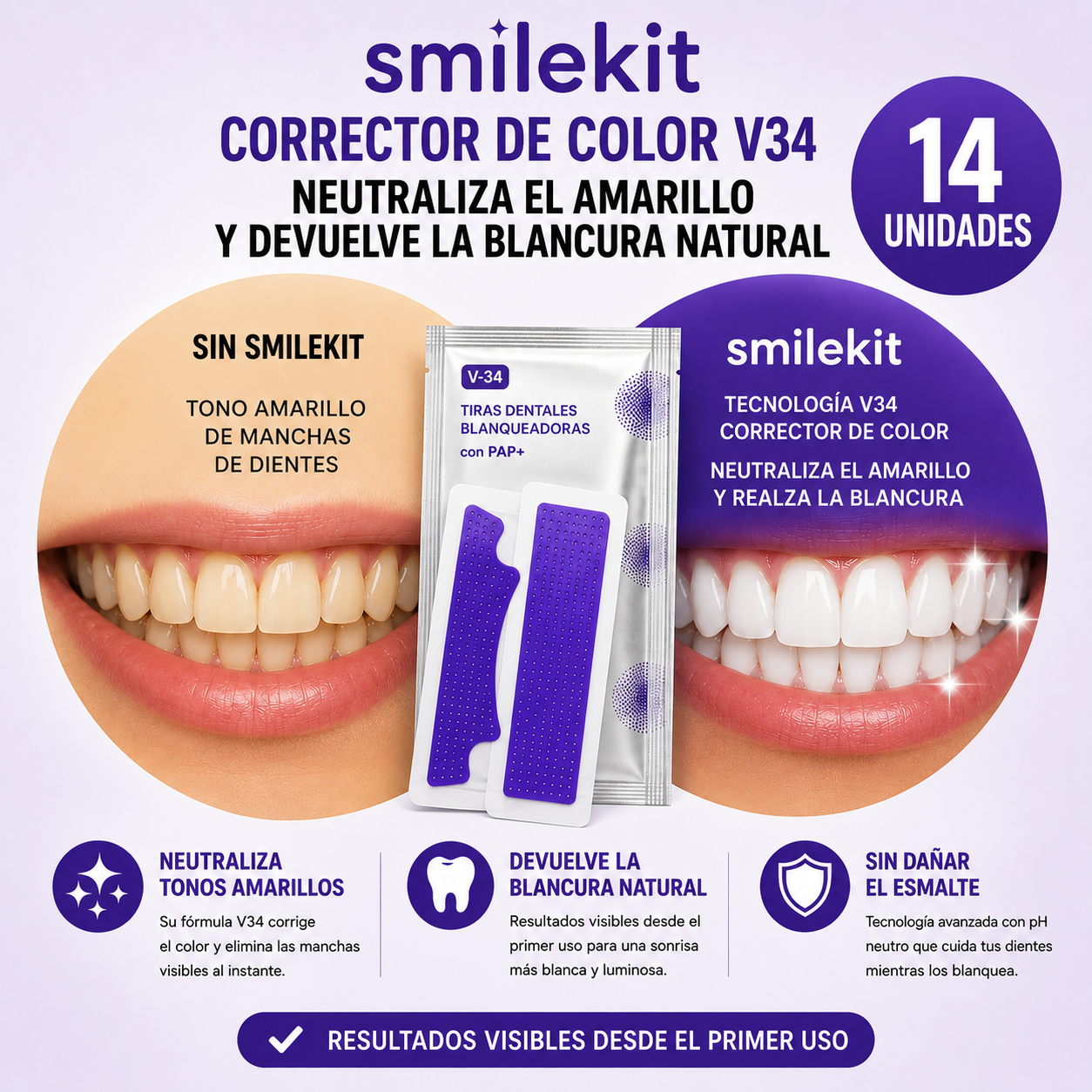 SMILEKIT Tiras Blanqueadoras Dentales Moradas Correctoras 14 Unidades