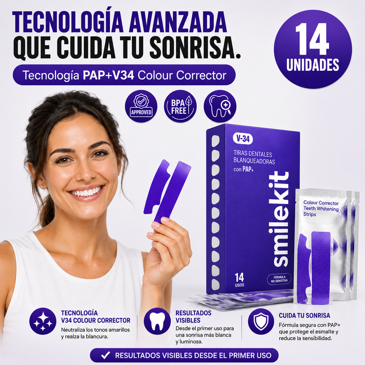 SMILEKIT Tiras Blanqueadoras Dentales Moradas Correctoras 14 Unidades
