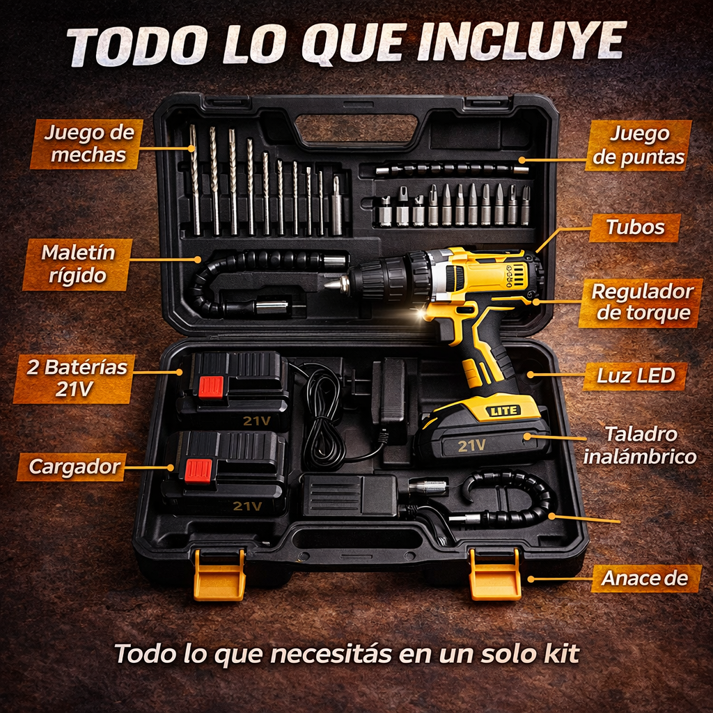 Taladro Inalámbrico Industrial 2 Baterías Maletín Accesorios
