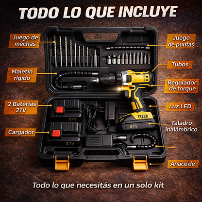 Taladro Inalámbrico Industrial 2 Baterías Maletín Accesorios